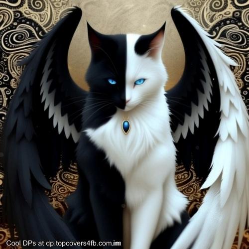 Blue eyes cat with black and white wings